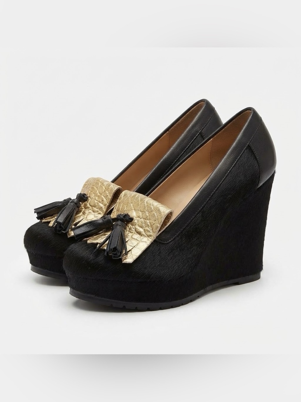 Longchamp Penelope genuine calf hair platform wedges sz. 37